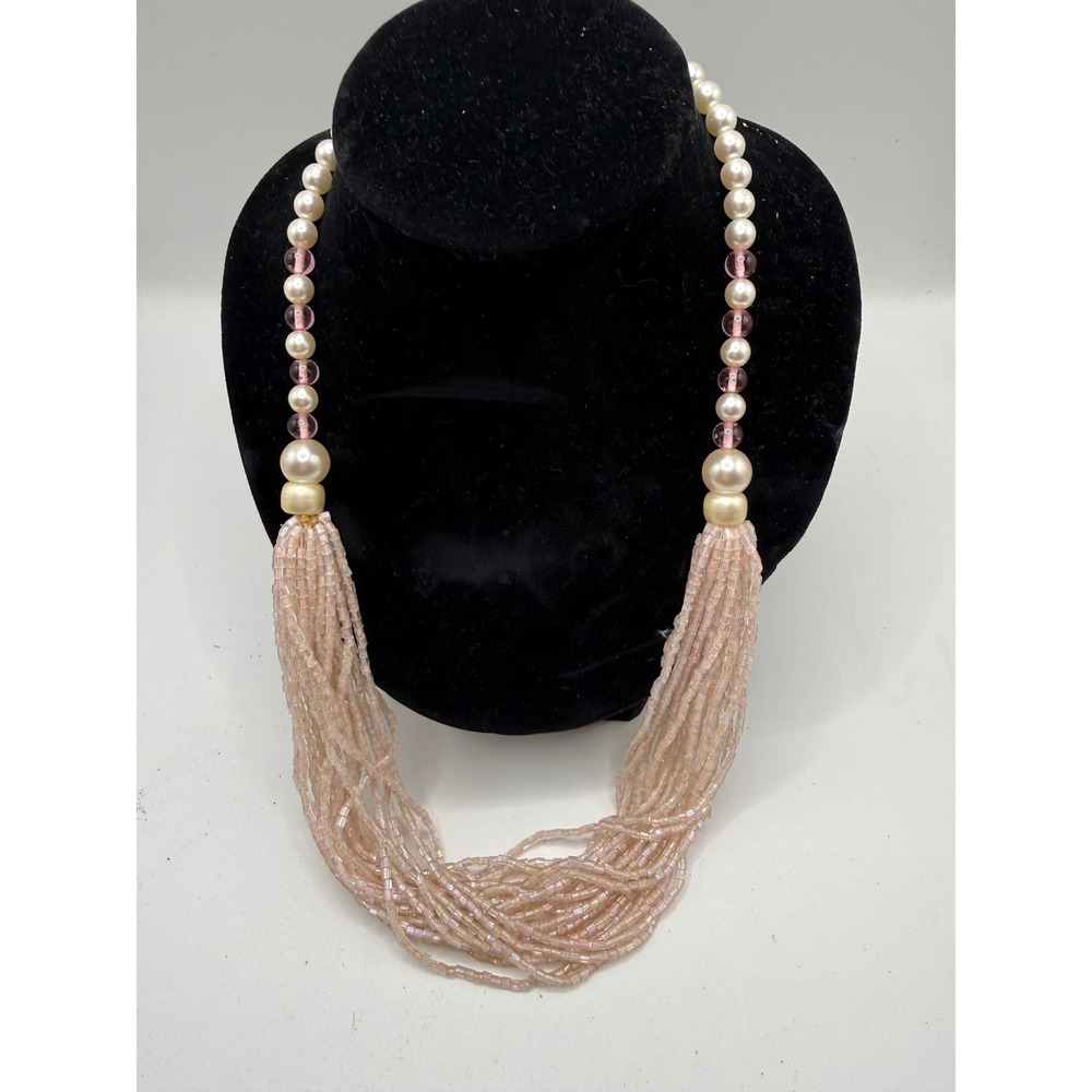 Vintage Style Pink Multi Strand Seed Bead Faux Pearl Statement Necklace Blush